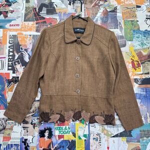 Sage Harbor House Brown Fall Leaf Trim Blazer Jacket Womens Size 10 Petite